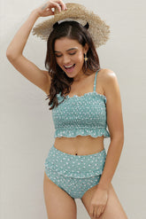 Sky Blue Floral Print Bandeau Smocked High Waist Bikini Set